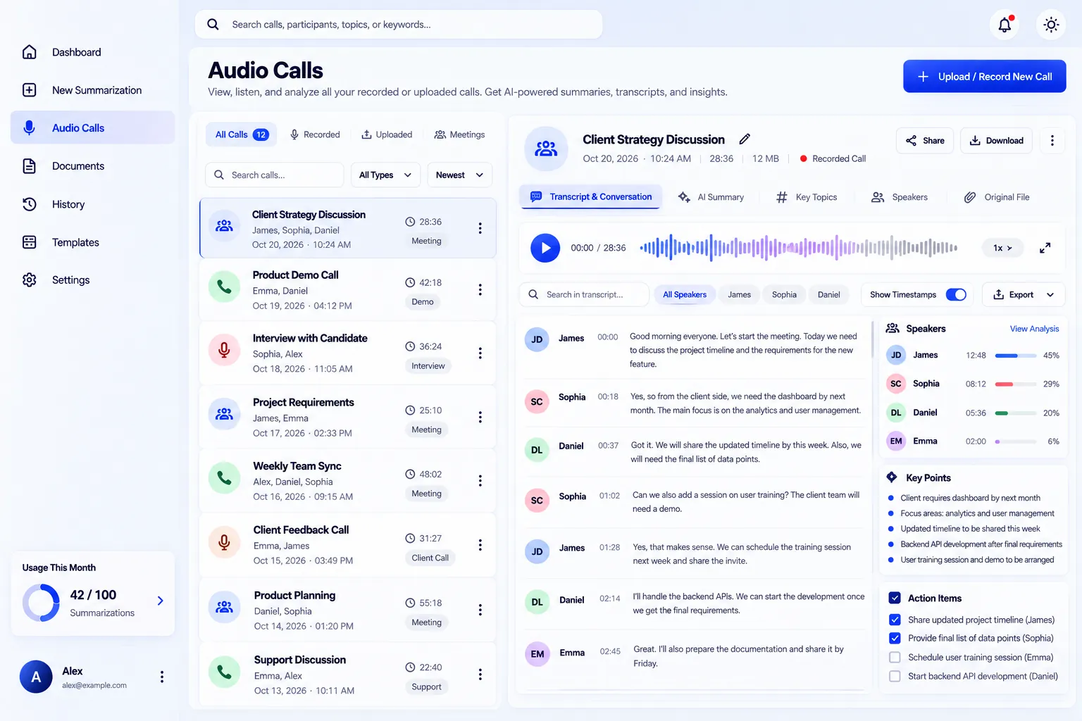 Audio calls: recorded and uploaded calls with a speaker-labelled transcript, key points and action items.