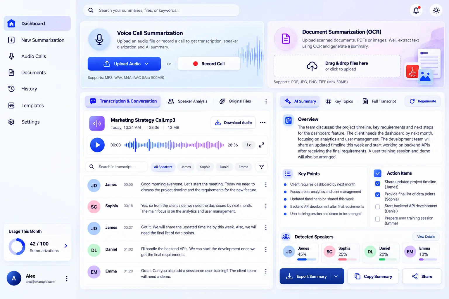 The dashboard: upload a call recording or a document, then read the transcript by speaker, the AI summary, key points and action items.