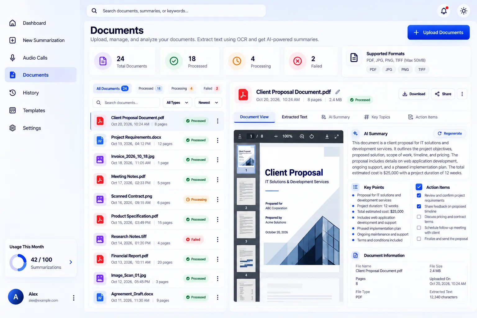 Documents: scanned and uploaded files read with OCR, each with its extracted text, an AI summary and key topics.