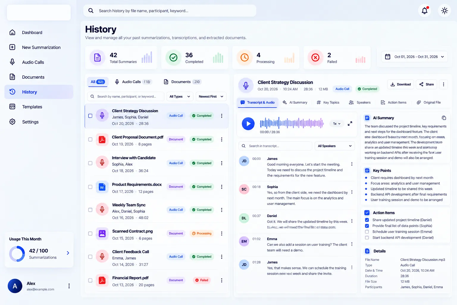 History: every call and document summary, with its status and details.