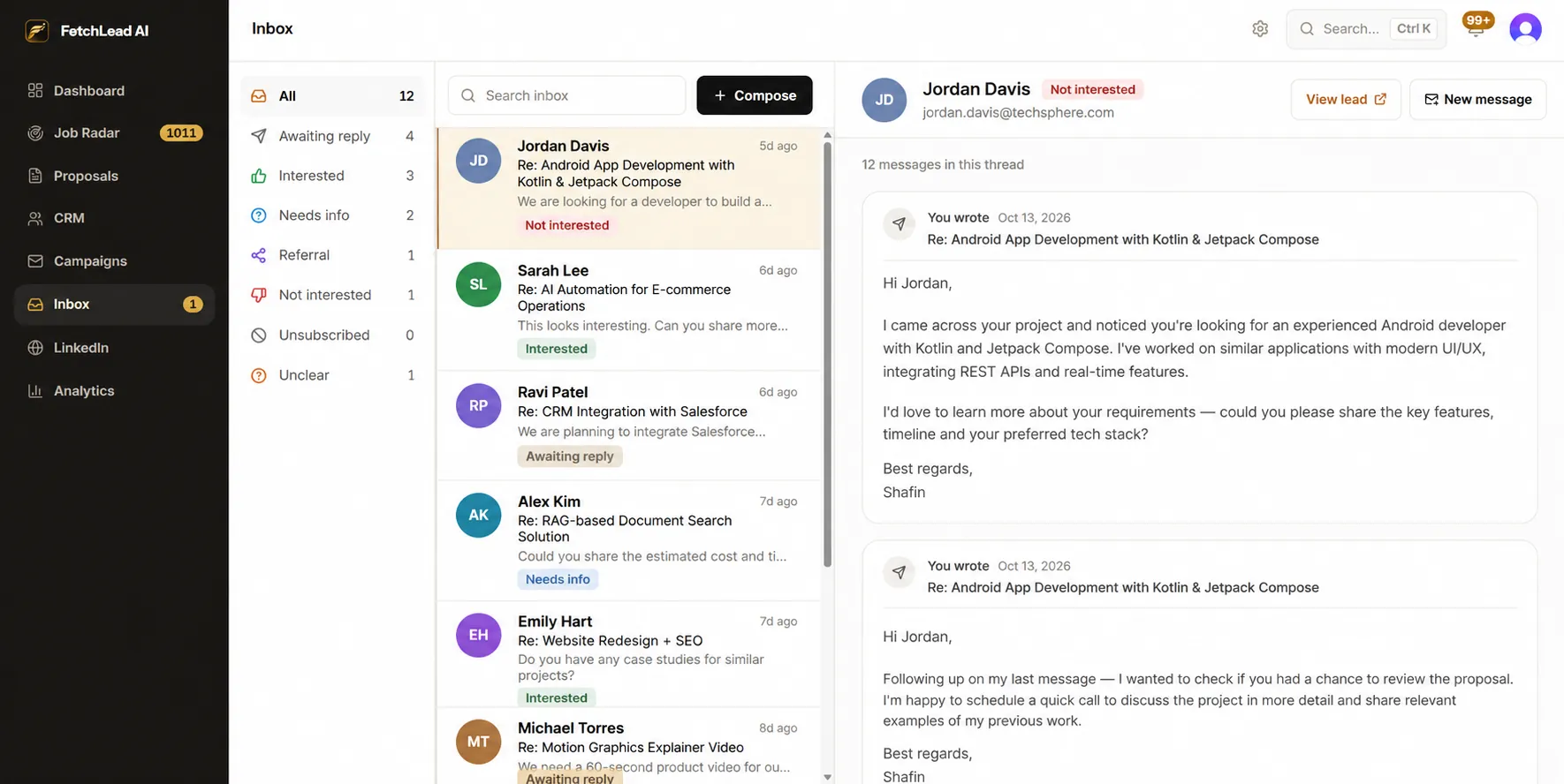 Inbox: replies from every campaign sorted by intent (interested, needs info, awaiting reply, not interested), with the full email thread beside the list.