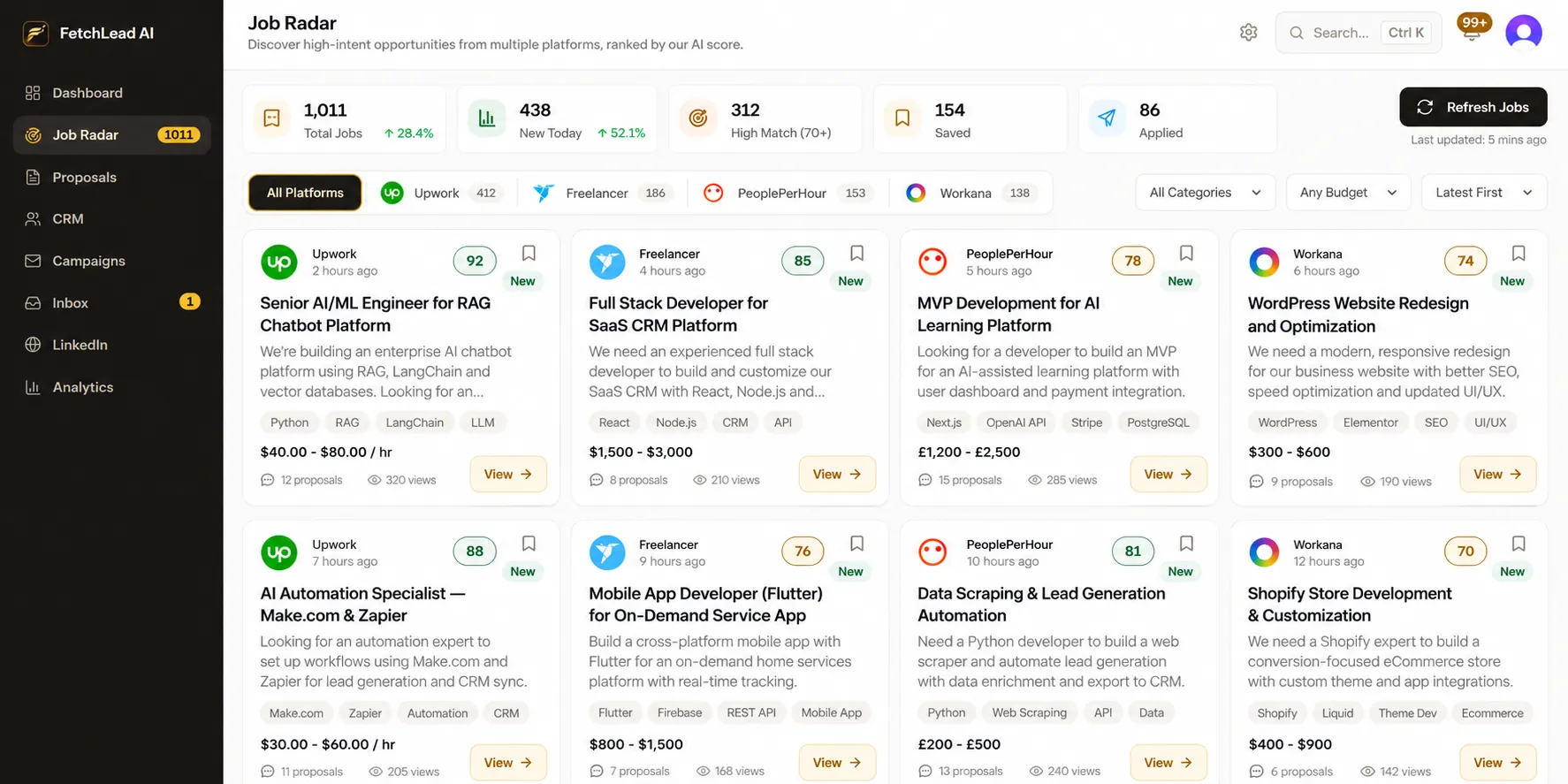 Job Radar: freelance jobs from Upwork, Freelancer, PeoplePerHour and Workana in one list, each with an AI match score, a budget and the skills it needs.
