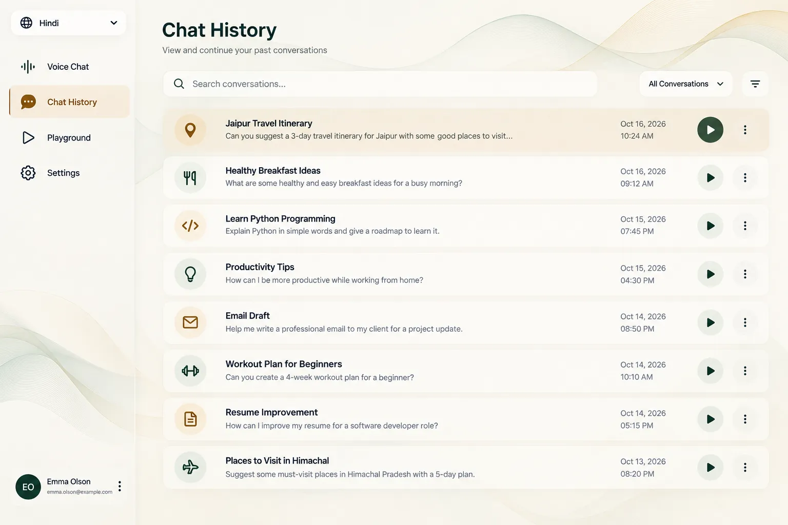 Chat history: past voice conversations, each with a title, a short summary and a play button.