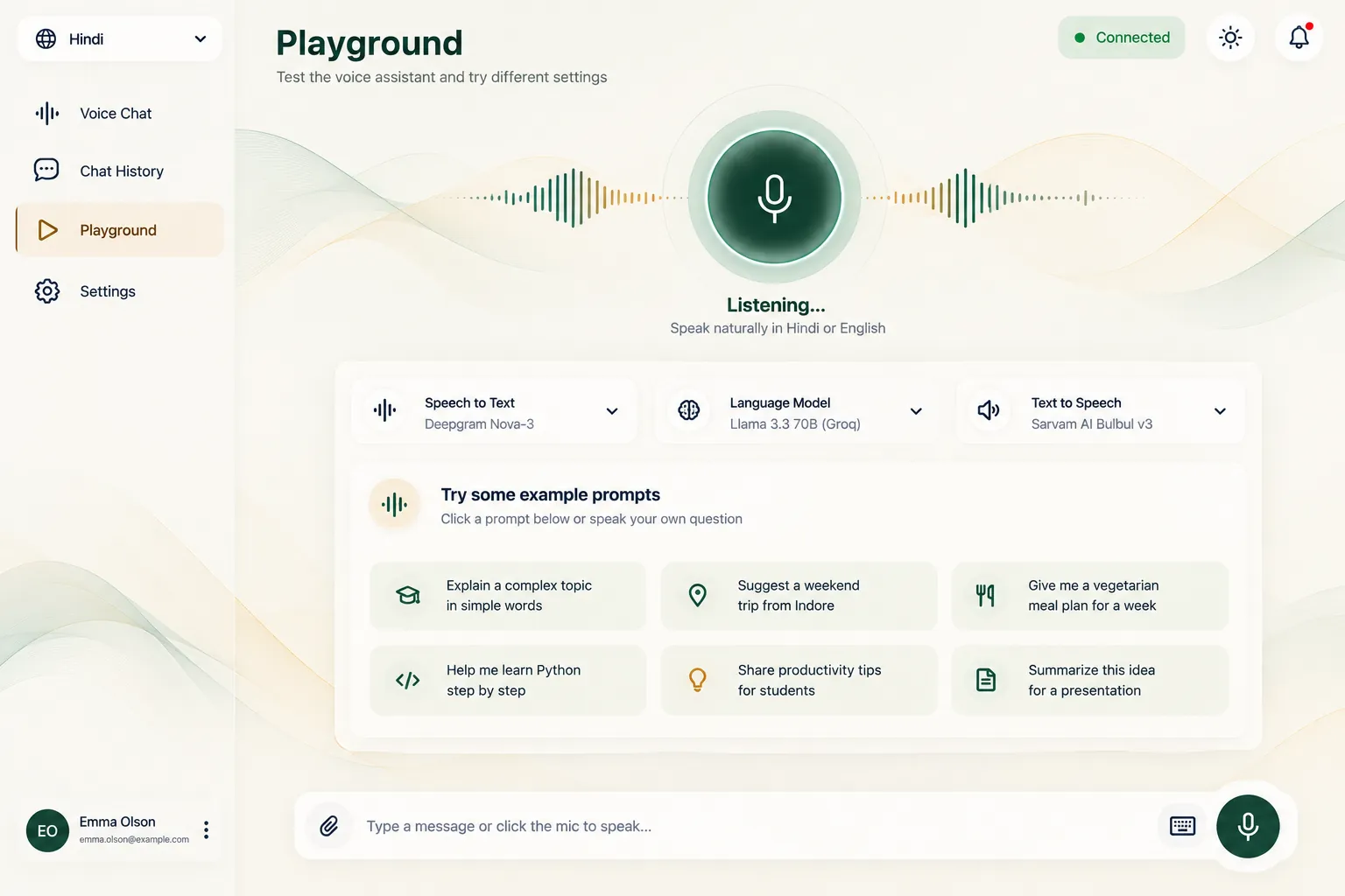 The playground: the speech-to-text, language and text-to-speech models (Deepgram Nova-3, Llama 3.3 70B on Groq, Sarvam AI Bulbul v3) and example prompts.
