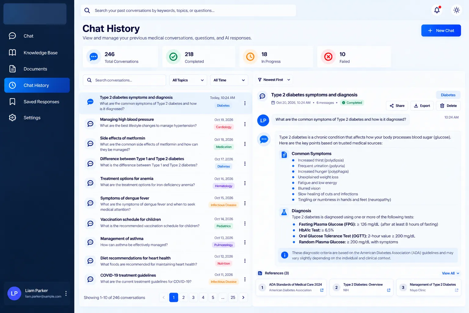 Chat history: past medical questions with their topics and dates.